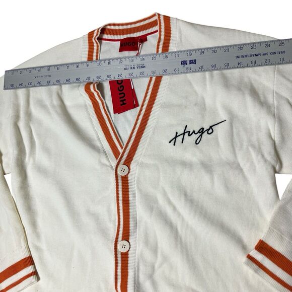 Hugo Boss Cardigan Mens Large Cream Wool Blend V-Neck Striped Preppy Ivy Varsity - Picture 7 of 12